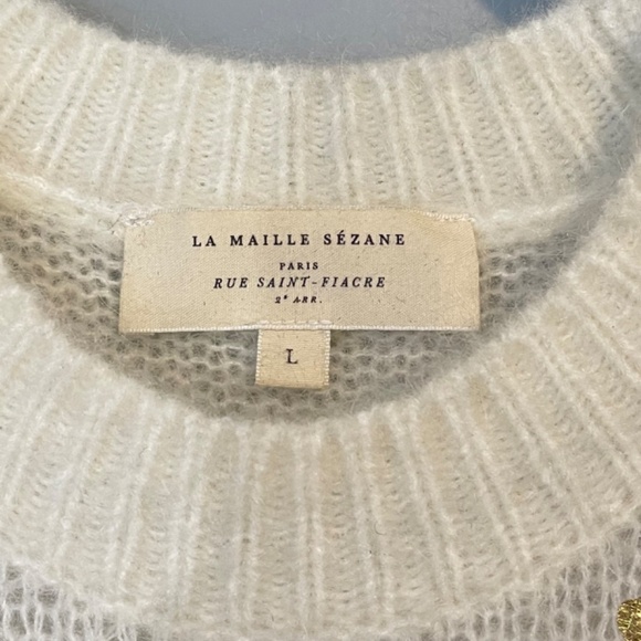 Last Chance! Sezane Cinta Jumper Gold Foil Heart Mohair Wool Sweater Ecru L - Picture 5 of 6